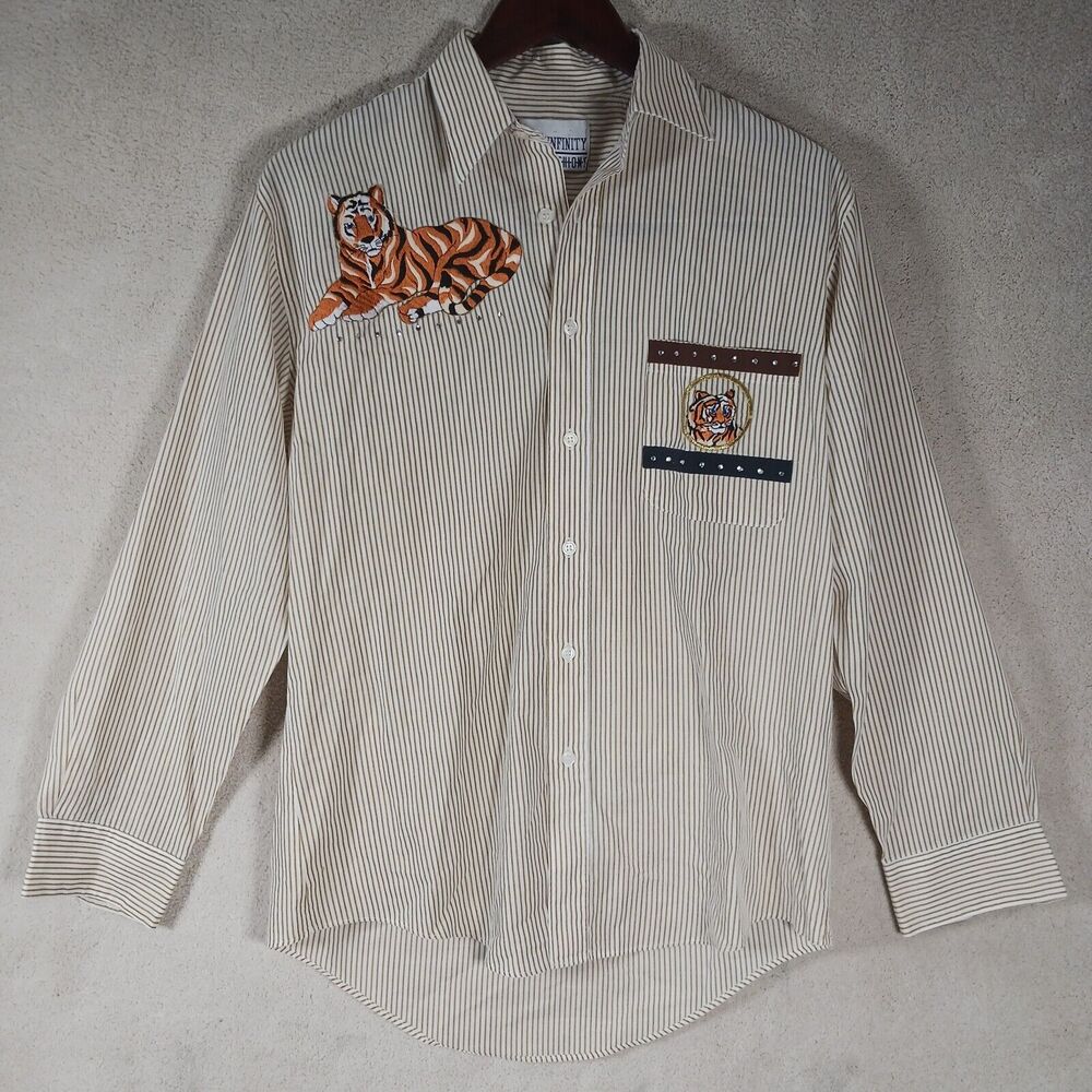 Tiger Theme Womens Blouse Infinity Fashion S Gold & White Pin Strips Button-up